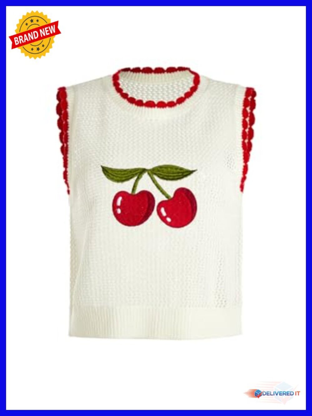 Crochet Hollow Out Cherry Print Tank Top Sleeveless Y2K